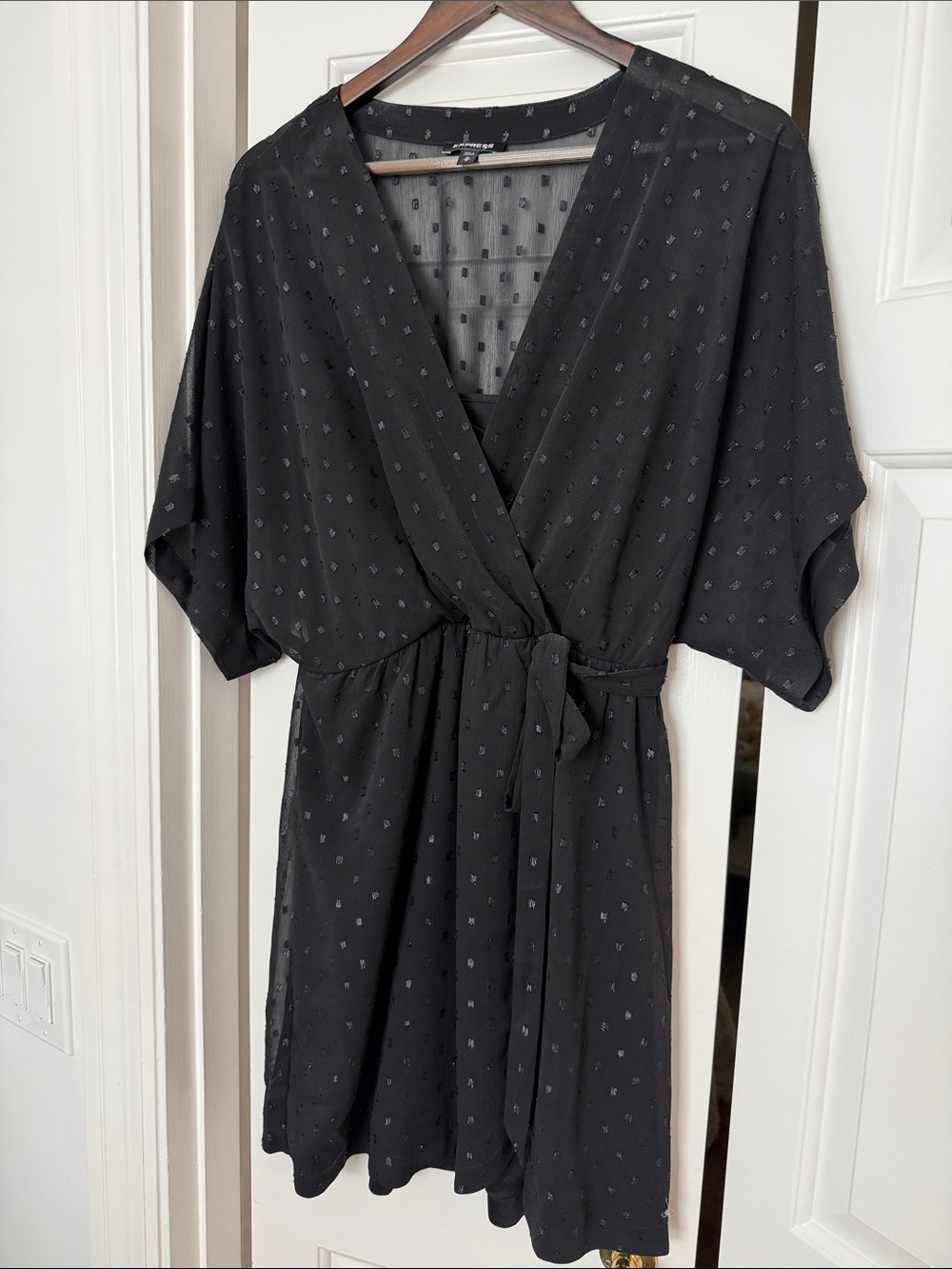 Express Black Faux-Wrap Dress with Tie Waist and Subtle Dot Texture